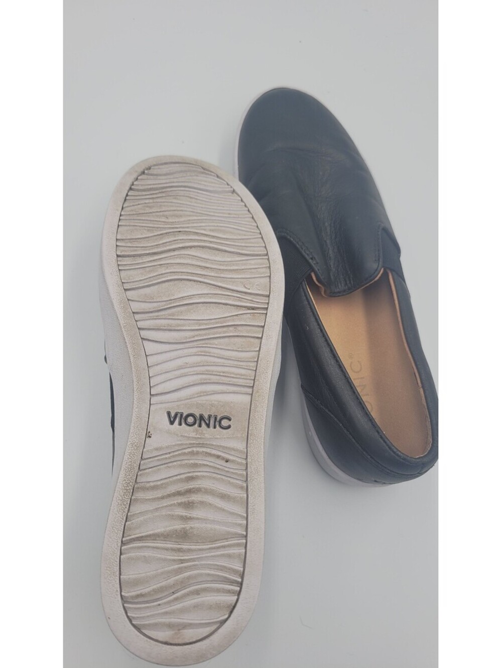 Vionic Black Leather Slip-On Shoes with White Rubber Soles, Size Not Specified - Picture 7 of 8